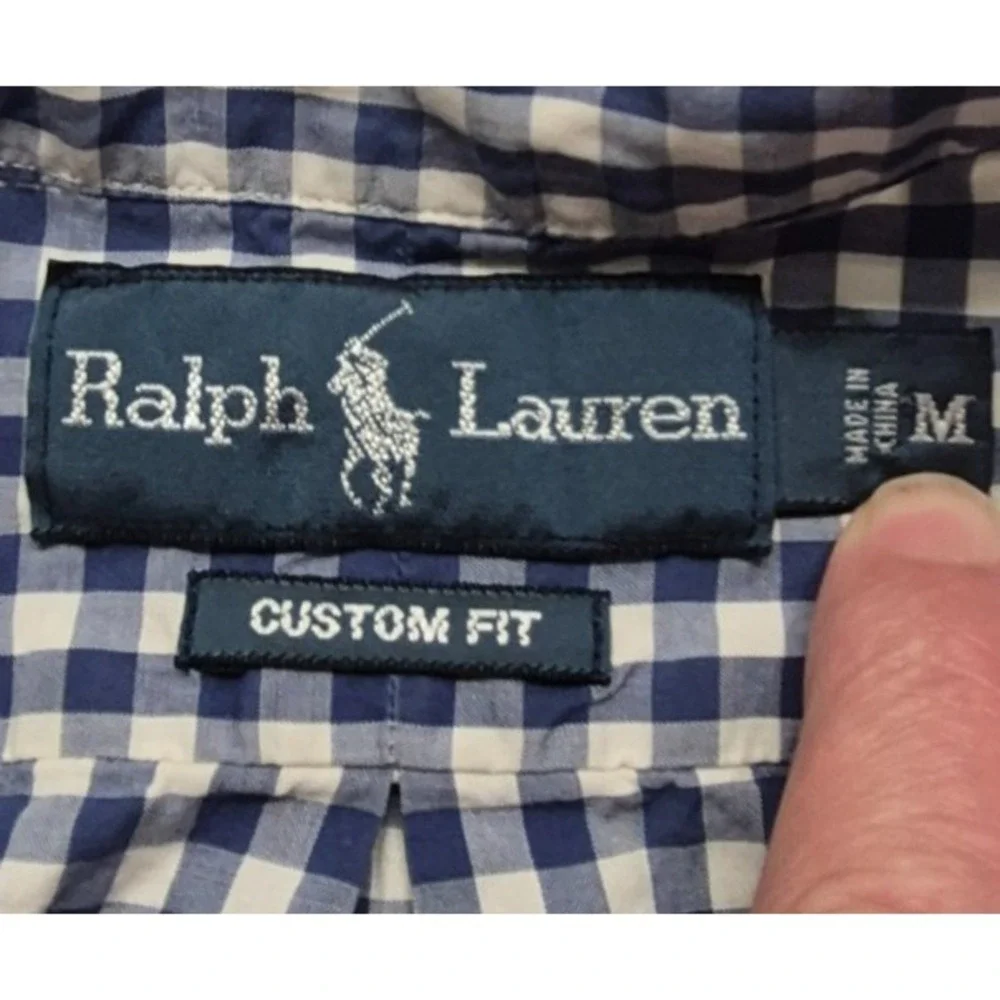 Ralph Lauren Men's‎ blue/white checker shirt Medium Button up Cotton yellow logo